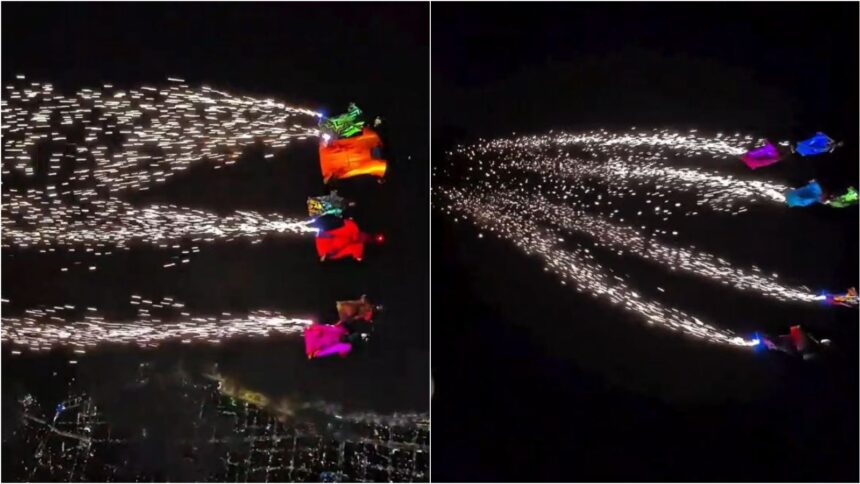 ‘cometas-humanos’:-grupo-de-paraquedistas-faz-salto-com-iluminacao-especial-no-ceu-de-fortaleza